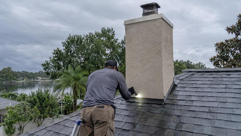A technician on a ladder shines a flashlight at the base of a stucco chimney chase on a wet roof.