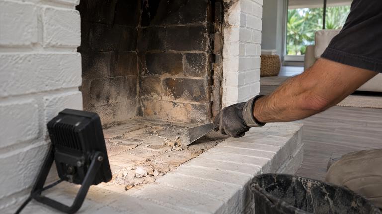 A gloved hand scrapes loose mortar from a cracked firebox floor in a white-painted brick fireplace.